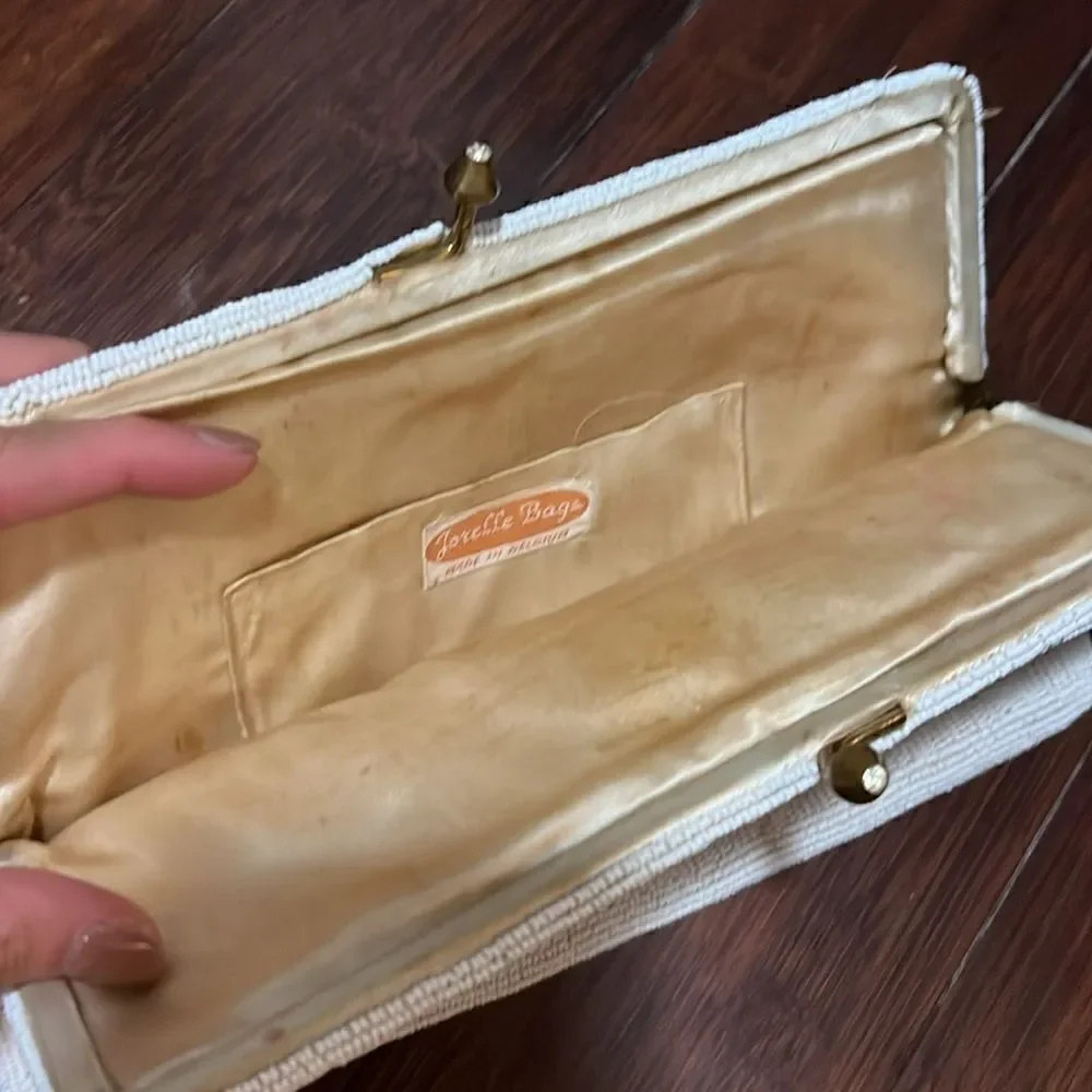Vintage White Beaded Clutch - Joselle Bags - Lined Inside - Slip Pocket